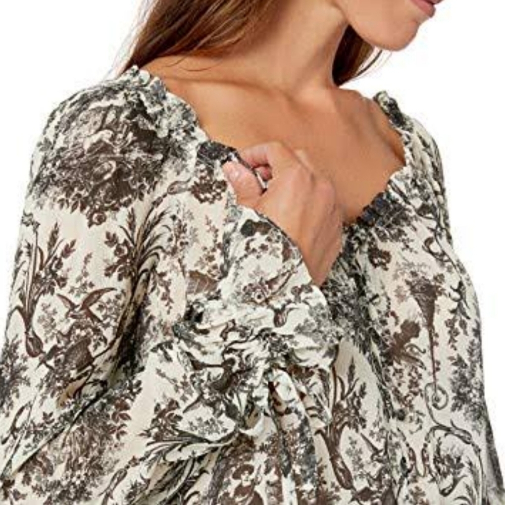 PAIGE Blouse 100% Silk Semi-Sheer Long Sleeves Toile Print Black Parchment S NWT - Picture 5 of 16